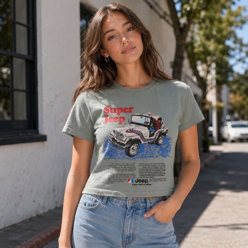 Jeep Spirit Super Jeep Graphic Baby Tee Women Large Sage Green Retro Style